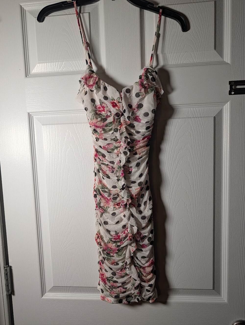 NWT BCX XXS Floral Polka Dot Ruched Ruffle Midi Dress